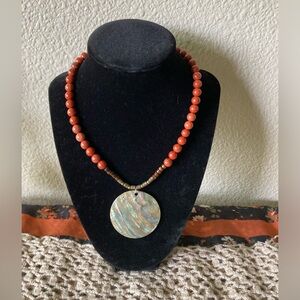 Handmade Red Jasper and Aventurine Beaded Necklace with Abalone Pendant